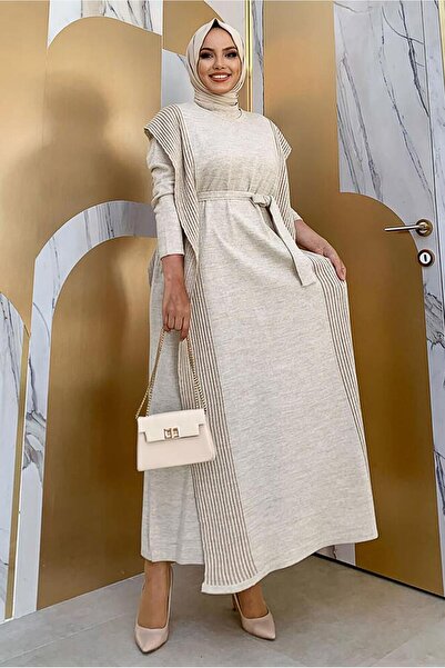 TRENDTESETTÜR KADIN BEJ (TAŞ) SİMLİ TRİKO ELBİSELİ TAKIM 30222