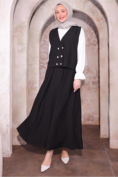 TRENDTESETTÜR KADIN SİYAH YELEKLİ ÜÇLÜ ETEKLİ TAKIM T 6084