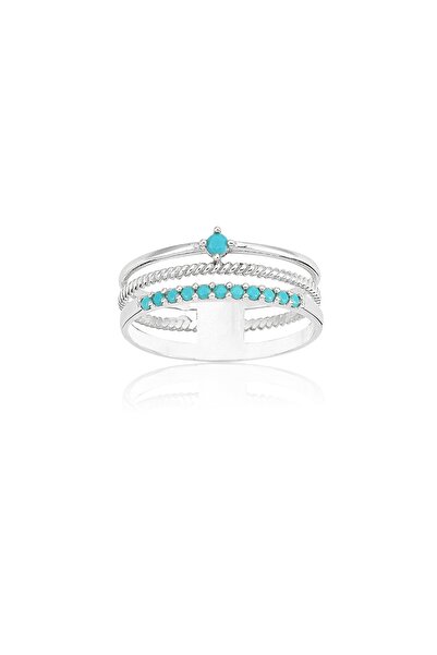 FasekGold Gümüş Yüzük - Akordeon Desenli Burma Telli Sıralı Firuze Taşlı Ekle...