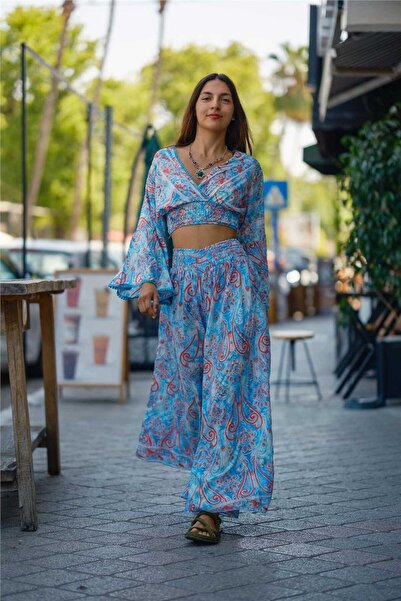 Miss Boheme Turquoise Color Gold Detailed Silk Pants Blouse Set