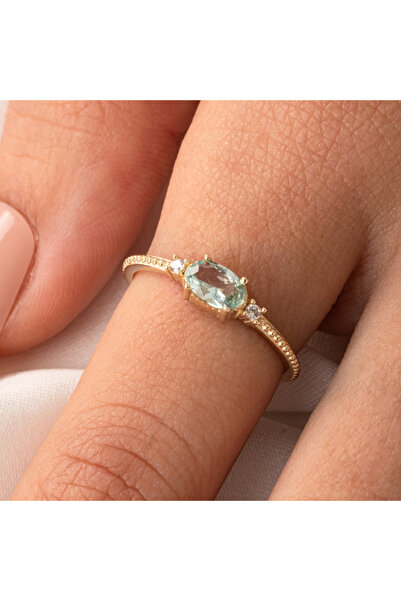 FasekGold Gümüş Yüzük - Oval Kesim Green Topaz Taşlı Yan Zirkon Taşlarla Süsl...