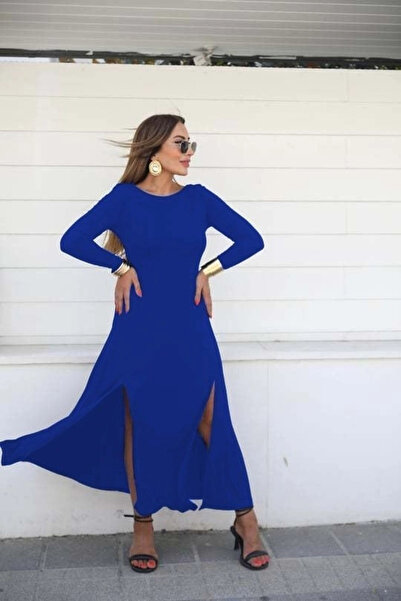 ARONA Mdb Women's Long Sleeve Lightweight Boat Neck Backless Slit Detail Viscose Full Length Dress