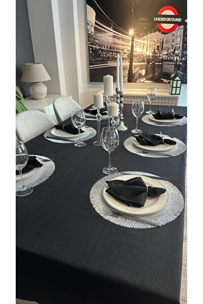 Decamor home Linen Textured Glitter Black Tablecloth (Napkin Not Included)