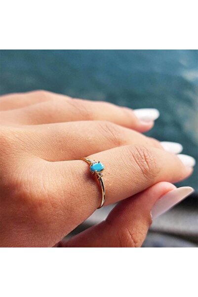 FasekGold Tria Altın Yüzük - 14 Ayar Altın 0.40 Ct Turkuaz Taşlı Minimal Yüzü...