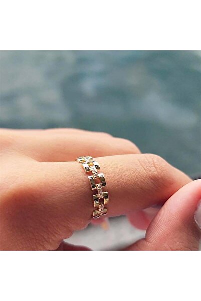 FasekGold Tam Tur Altın Yüzük - 14 Ayar Altın Tam Tur Sıralı Zirkon Taşlı Min...