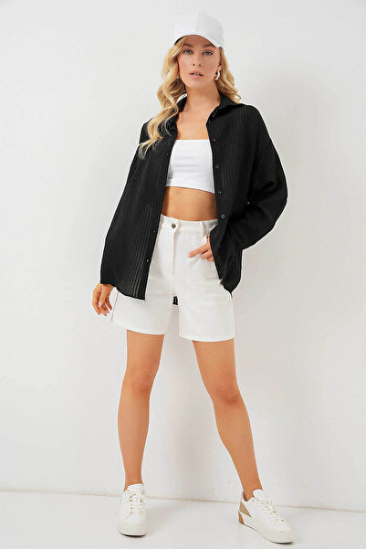 Bigdart Uzun Oversize Siyah Kadın Gömlek 20320