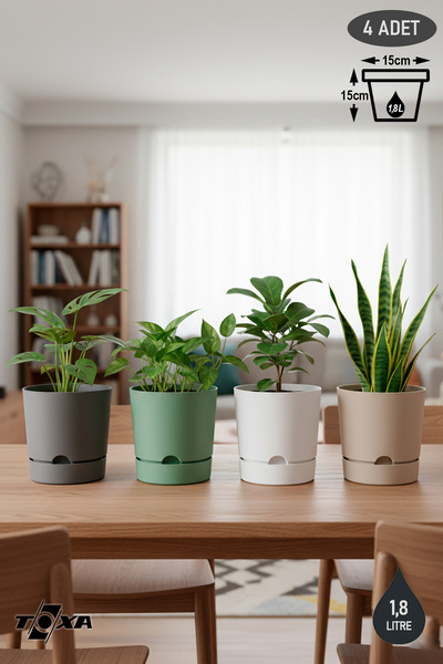 ToXA 4 Adet 1.8 Litre Begonya Saksı Tabaklı Dekoratif Mat Plastik Saksı