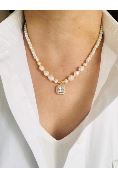 DEVİ fashion قلادة بتصميم خاص من حجر الزركون الرغيف الفرنسي مع اللؤلؤ