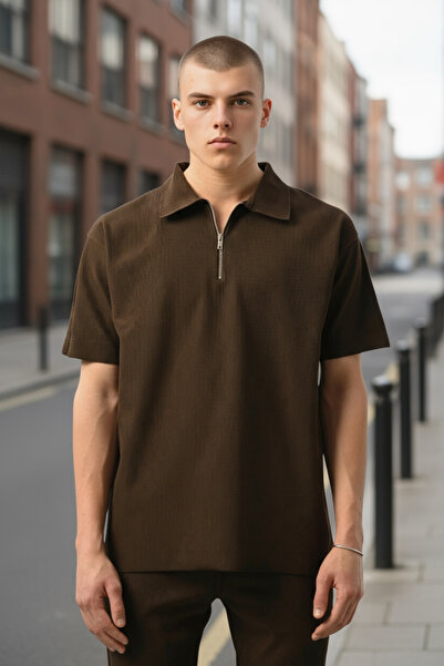 İLKCET MODA Чоловіча футболка Oversize з блискавкою та написом «Кава»