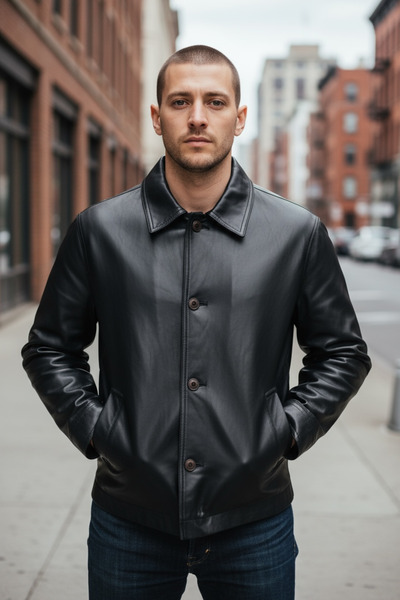 İLKCET MODA Къса, лека, широка мъжка кожена яке с копчета