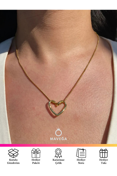 MAVEGA İçi Boş Kalp Aşk Düğümü Kolye | Kararmaz Çelik, Altın Renk, 45 Cm
