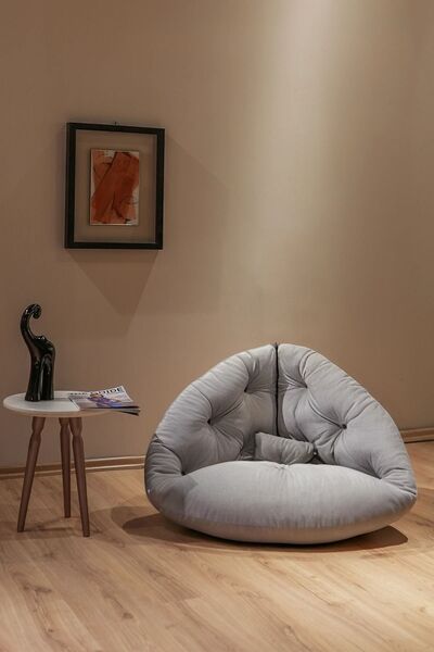 KANEPY Lüx Gri Berjer Koltuk 92x92: Modern Tekli Salon Koltuğu - Armut Minderli Metal Sandalye