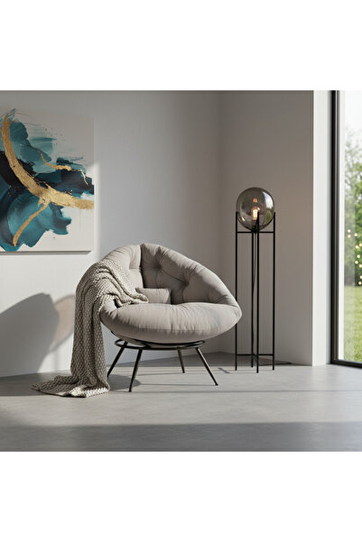 KANEPY Lüx Gri Berjer Koltuk 92x92: Modern Tekli Salon Koltuğu - Armut Minderli Metal Sandalye