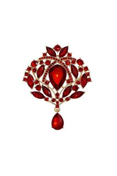 ESJ Kristal Zirkon Kırmızı Taş Büyük Boy Çelenk Kadın Broş Ebat: 6,5*9,5 cm