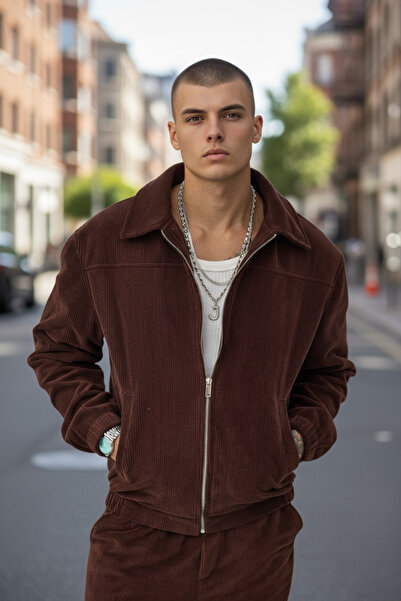 İLKCET MODA Чоловічий кавовий товстий оверсайз оксамитовий піджак