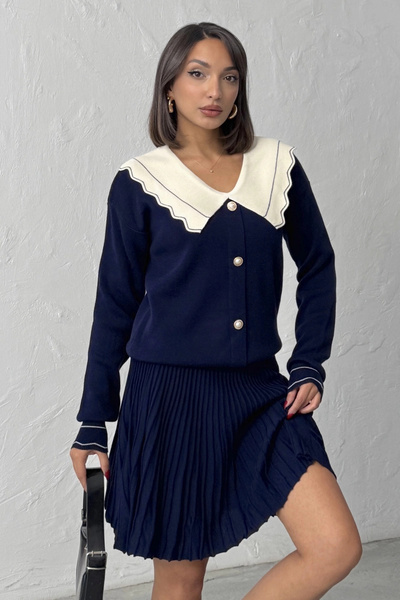 Lusin Női sötétkék, stílusos gallérral díszített kardigán blúz szoknya alsó felső kétrészes szett (új szín)