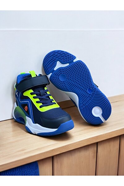 pepino Children's Basketball High Top Anti-Slip Sole Mesh Velcro Lace-Up Black Phosphor Orange Sneakers