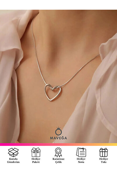 MAVEGA İçi Boş Kalp Aşk Düğümü Kolye | Kararmaz Çelik, Gümüş Renk, 45 Cm