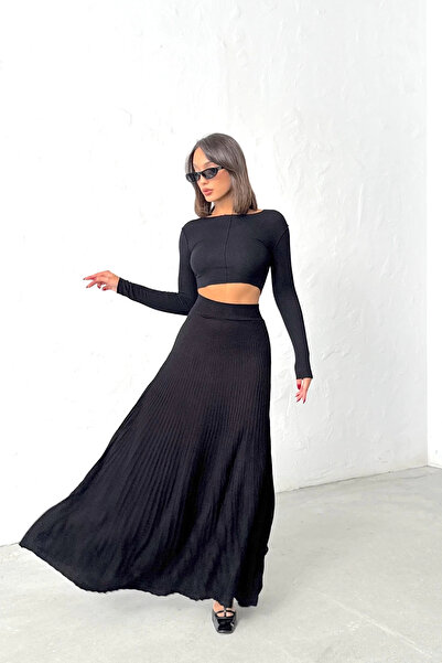 Lusin Női fekete redős részletes hosszú kötöttáru szoknya