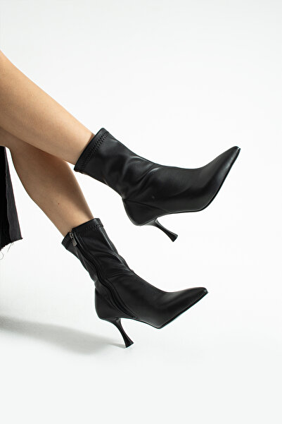 RevanStep Kadın Siyah Streç Cilt Bot 7cm - Sivri Burun Yandan Fermuarlı İnce Topuklu Sock Boot