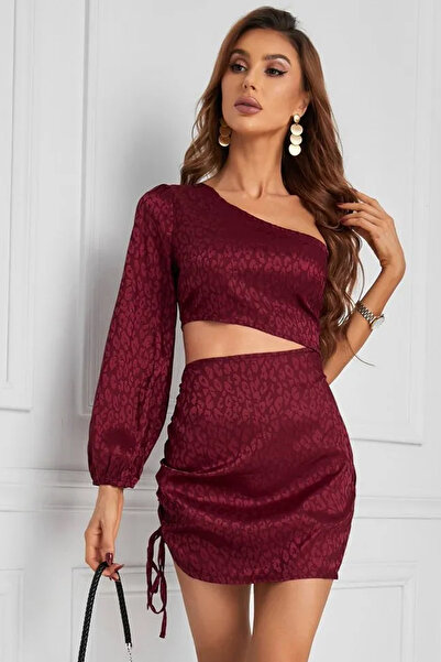 FASHION COCKTAIL Bel Dekolteli Tek Kol Gece Elbisesi Şarap Kırmızı