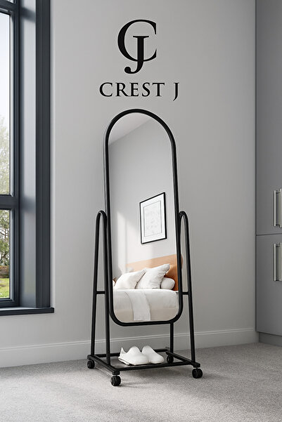 Crestj Long floor mirror with metal frame and lower storage shelf on wheels