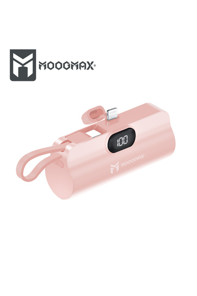 MOOGMAX باور بانك موج ماكس بقوة 5000 ملي امبير بحجم الروج يأتي بـ 2 كيبل متصلة كيبل ايفون و كيبل Usb-c