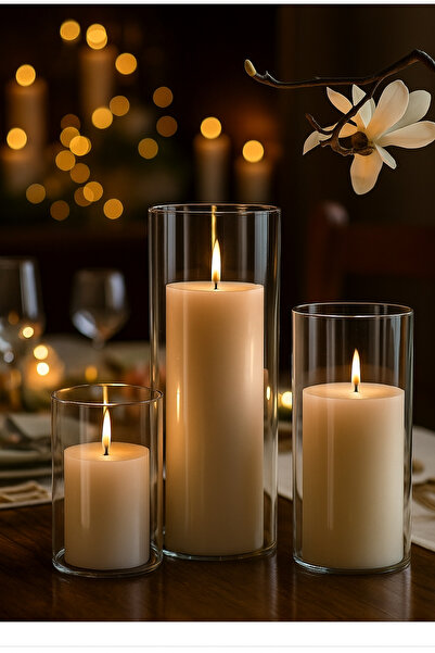 Paşabahçe 3 Lü Cam Vazo Silindir Mumluk Seti