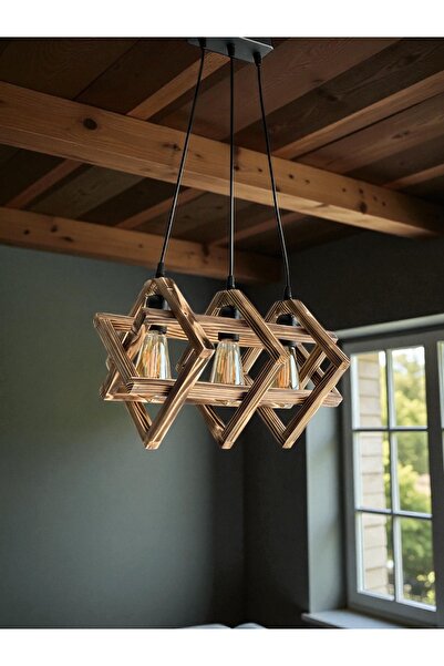 ONUR AVİZE Retro Rustik 3'lü Ahşap Avize