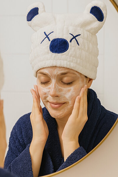 CAŞ DEKORASYON White and Blue Teddy Bear Figured Hair Towel - Elastic Bonnet