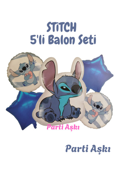 PARTİ AŞKI Stitch 5'li Folyo Balon Seti & Mavi Renk Erkek Stitch Konsept Part...