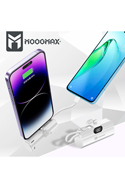 MOOGMAX Moog Max 5000mAh Power Bank, lipstick-sized, comes with 2 connected cables: iPhone cable and USB-C cable.