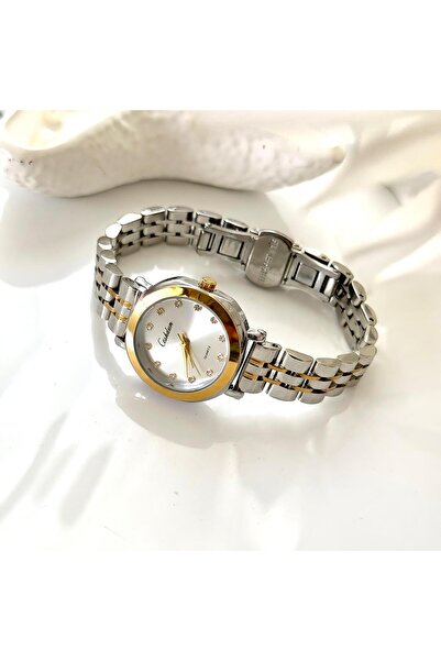 Forsining -altın renk- siyah iç kadran Çift zincirli kadın kol saati