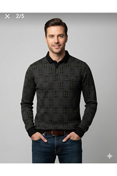 güncüoğlu Polo Collar Sweatshirt with Patterned Pockets and Lower Ribbed Men's Steel Knitted Sweater