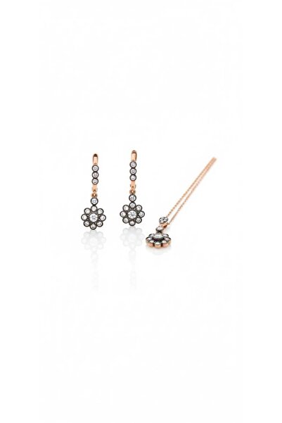 Papatya Silver 925 Ayar Gümüş Rose Kaplama Tasarım Elmas Montür Çiçek Set