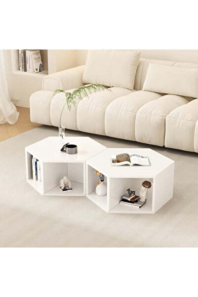 Modern shop Two hexagonal MDF center and side tables with a modern and simple design and storage space.