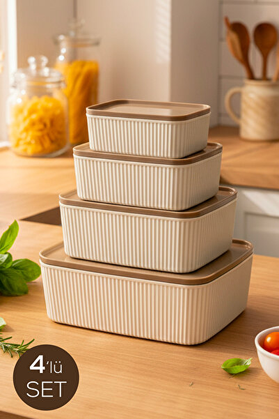 Vienev 4'lü Çizgili Dikdörtgen Saklama Seti Bej | 2.5L 1.5L 0.80L 0.45L | Mik...