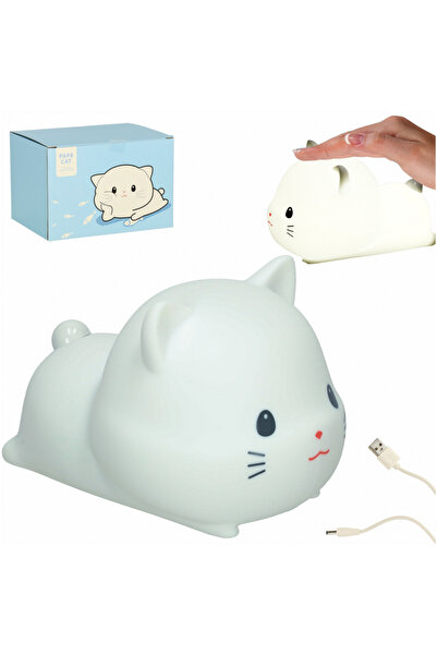 Ikonka White Kitty children's bedside lamp, made of silicone, with 2 lighting modes, timer