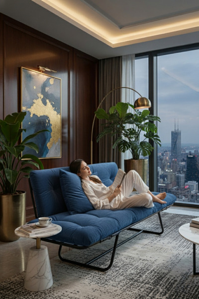 Berta Concept Bhusra Yatak Olabilen Mekanizmalı Ikili Kanepe Kolları Açılan Yataklı Koltuk Lacivert