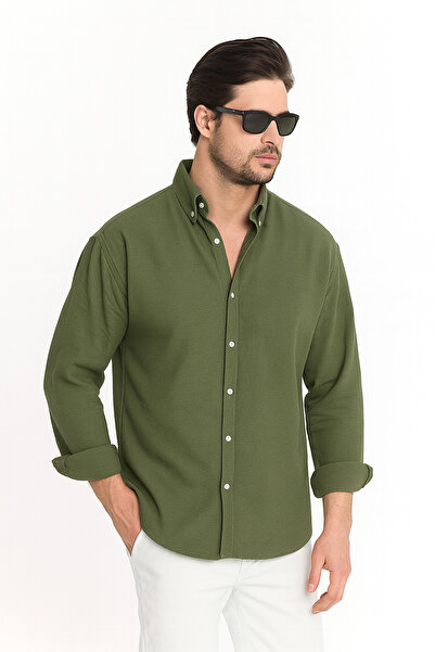 Genel Markalar Haki Oversize Dokulu Gömlek