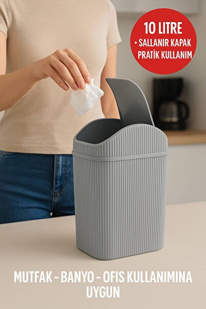 Open Home Concept 10 Lt Çöp Kovası, Mutfak, Banyo, Tuvalet, Ofis Çöp Kutusu Gri