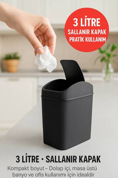 Open Home Concept Mini Çöp Kovası, Mutfak, Banyo, Tuvalet, Ofis Çöp Kutusu Siyah