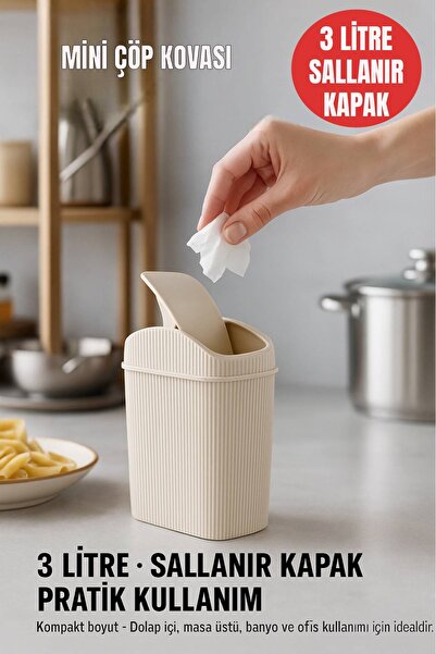 Open Home Concept Mini Çöp Kovası, Mutfak, Banyo, Tuvalet, Ofis Çöp Kutusu Krem