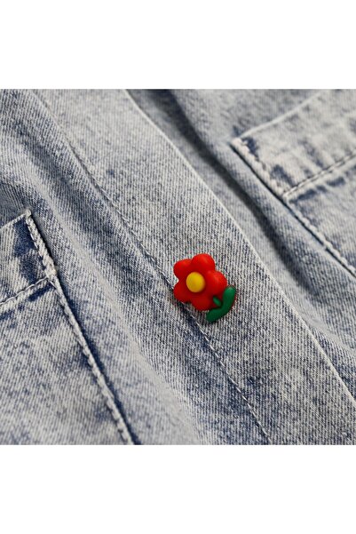 bebegci Floral Pattern Girl's 2-Piece Set with Fisto Collar and Denim Skirt