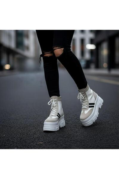 Modanizm Auvrie Dolgu Gri Deri Topuklu Bot