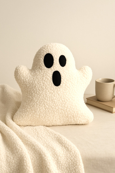 Paris Home Ghost Plush Pillow – Soft Teddy Fabric Decorative Throw Pillow – Cute Ghost Design