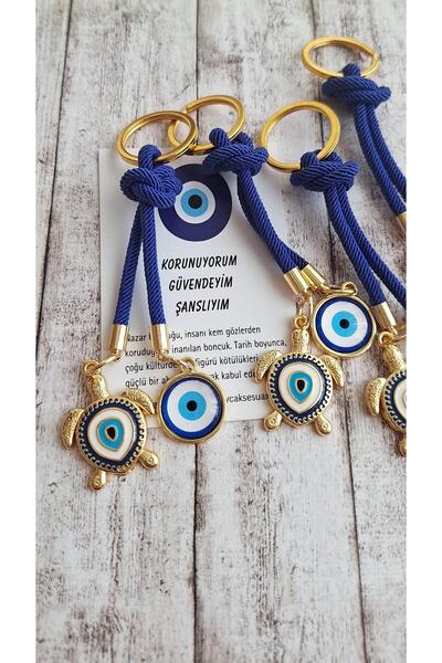 Svc Aksesuar Gift Double Evil Eye Beaded Navy Blue Turtle Keychain 10.5 cm