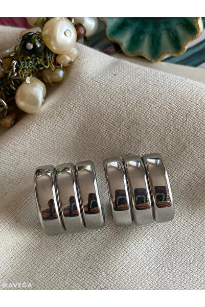 MAVEGA Birleşik Üçlü Yüksek Kalite Yarım Halka Küpe | Kararmaz Çelik, Gümüş Renk