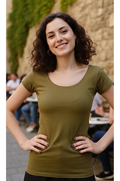 moda felinya Women's Khaki Green Boat Neck Short Sleeve Bodysuit