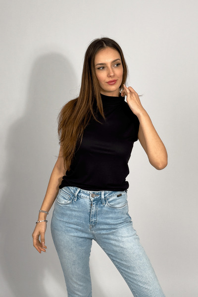 Betimoda Body de damă negru cu mânecă zero pe jumătate cu gât